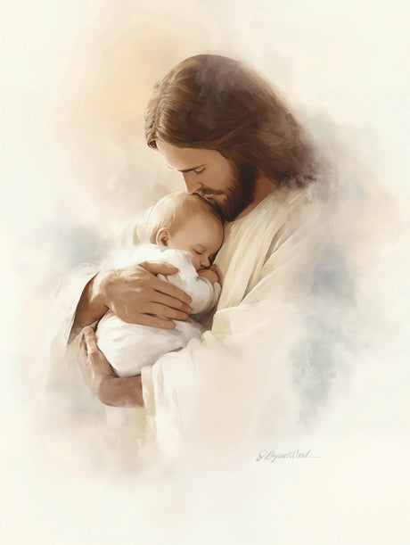 Christ in a white robe tenderly cradling a sleeping baby against his chest, rendered in warm ethereal tones that fade into a white background.