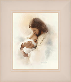 Christ in a white robe tenderly cradling a sleeping baby against his chest, rendered in warm ethereal tones that fade into a white background.