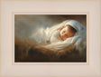 Picture of the infant Christ sleeping peacefully wrapped in soft white cloths, resting on a bed of golden straw, softly lit with warm glowing light