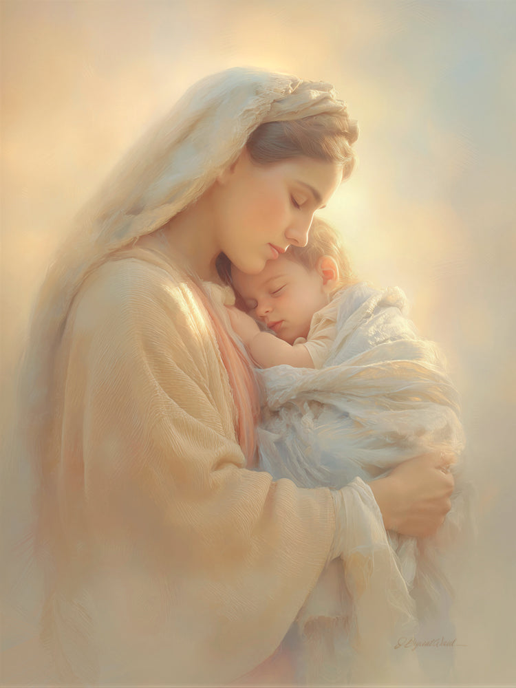 Mary in a white veil tenderly cradling the sleeping infant Jesus against her cheek, bathed in warm golden light.