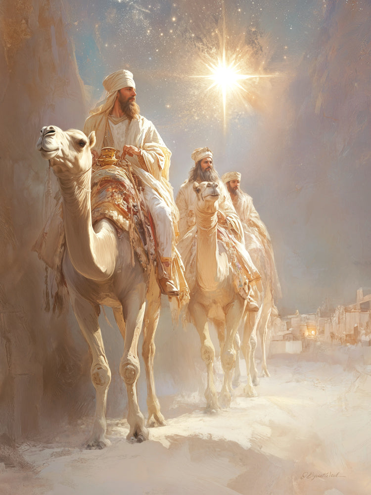 Painting of the three wise men riding camels through a desert canyon at night, following a bright glowing star toward a distant town, one carrying a golden vessel of gifts.