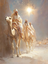 Painting of the three wise men riding camels through a desert canyon at night, following a bright glowing star toward a distant town, one carrying a golden vessel of gifts.