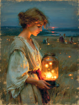 In the hush of a summer evening, a young woman stands in a twilight coastal meadow. Warm golden light spills upward, illuminating her face with quiet wonder. Behind her, other figures bend and gather the light scattered in the field, while a vivid red-orange sunset burns at the horizon beneath a deepening blue sky.