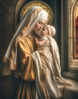 Mary holding baby Jesus by a stained glass window.
