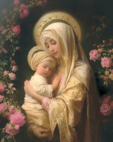 Mary and baby Jesus surrounded by roses.