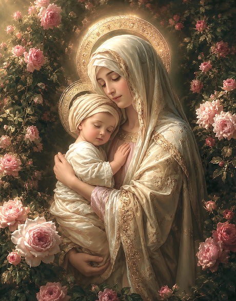 Mary and baby Jesus surrounded by roses.