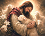 Jesus Christ with a flock of sheep.