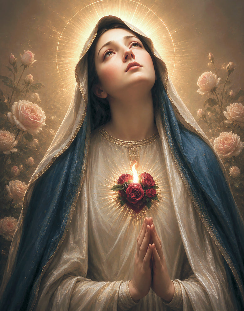 Mary praying with a burning heart over her hands.
