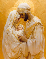 Mary, Joseph, and the baby Jesus in gold.