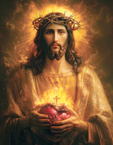 Jesus Christ holding a flaming heart with a cross and wearing a crown of thorns.