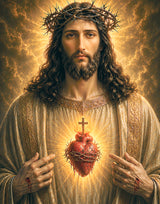 Jesus Christ holding a flaming heart with a cross and wearing a crown of thorns.