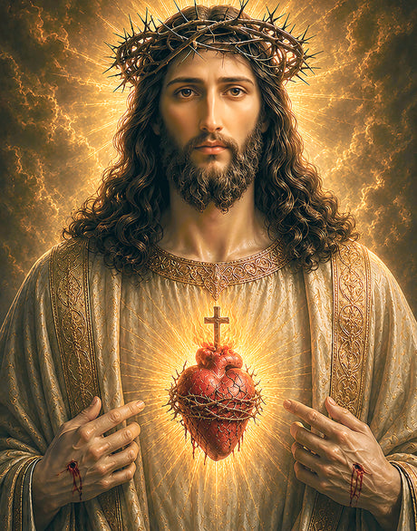 Jesus Christ holding a flaming heart with a cross and wearing a crown of thorns.