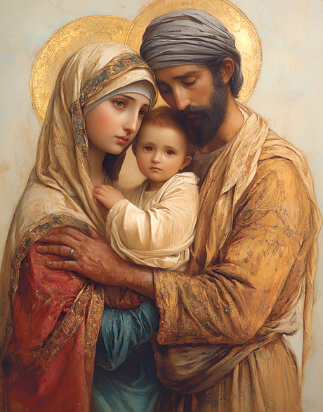 Mary and Joseph holding a young Jesus Christ.