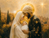 Mary and Joseph holding baby Jesus.