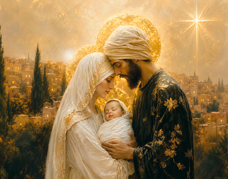 Mary and Joseph holding baby Jesus.