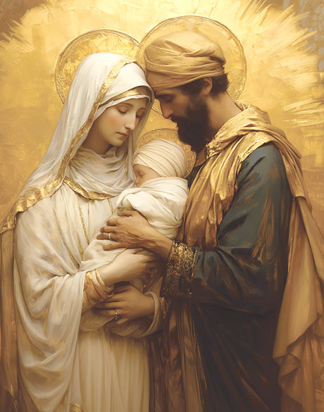 Mary and Joseph holding a baby Jesus Christ.