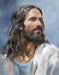 A portrait of Jesus Christ with a blue background.