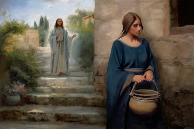 Jesus Christ stands behind a woman who is holding an empty vessel.