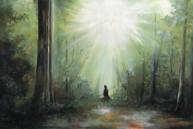 Joseph Smith in the Sacred Grove seeing a vision of Heavenly Father and Jesus Christ.