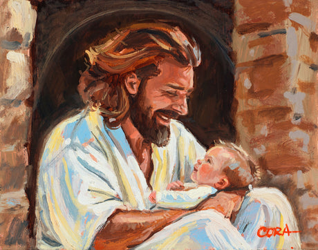 Oil painting of Jesus smiling and cradling a baby in his arms, warm earthy tones.