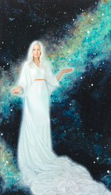 A woman dressed in white surrounded by stars.