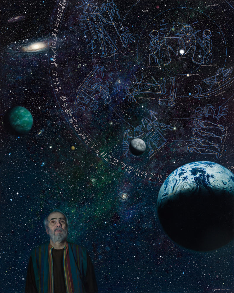 A man stares up at images of Earth, space, and constellations.