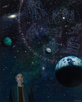 A man stares up at images of Earth, space, and constellations.