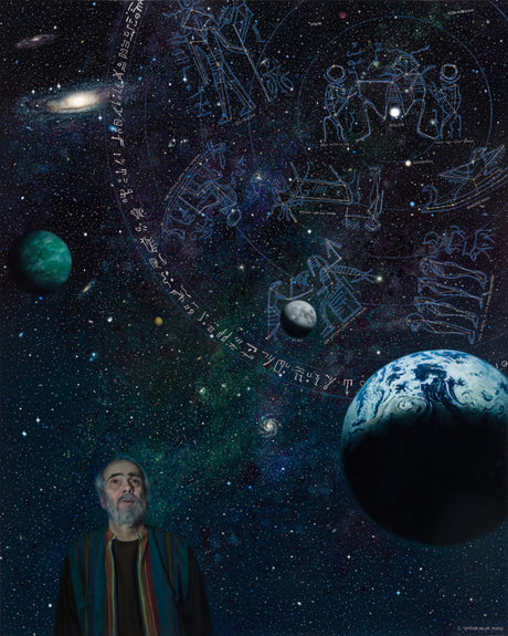 A man stares up at images of Earth, space, and constellations.