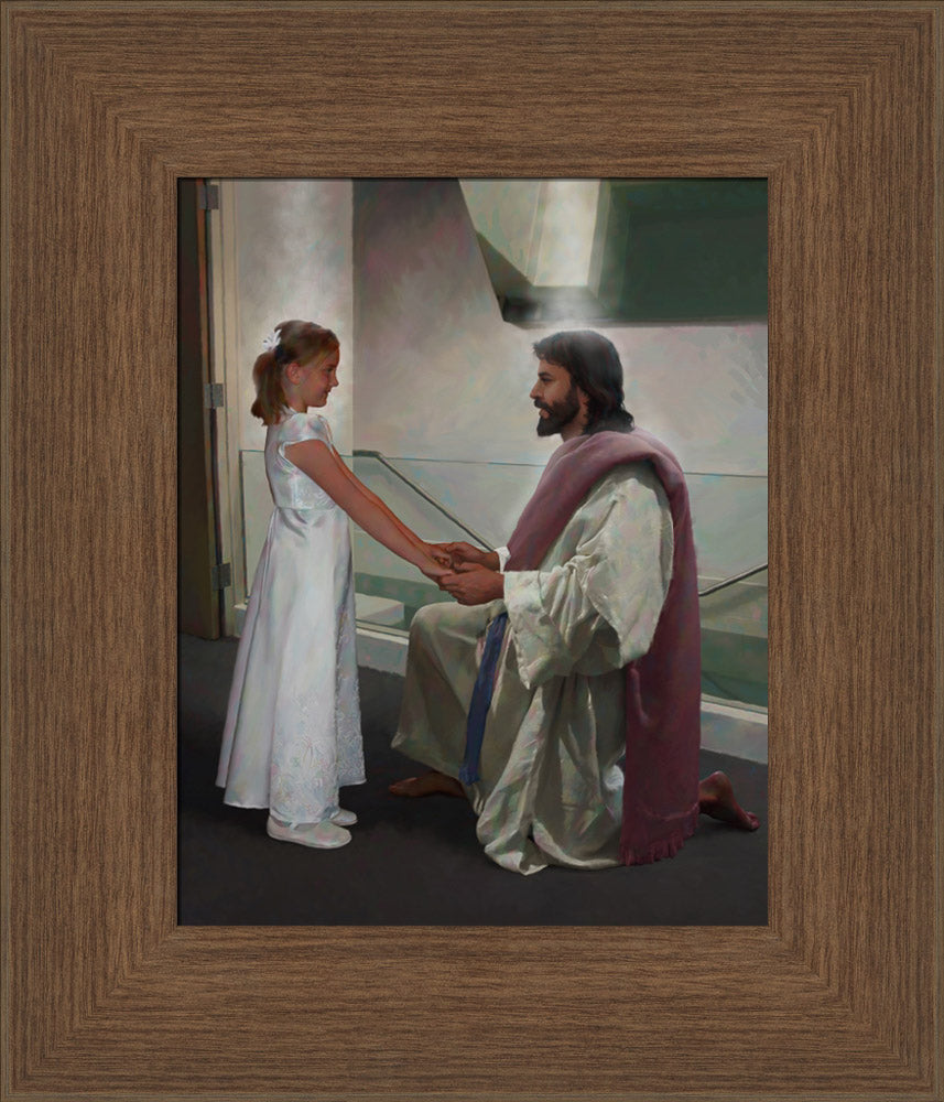 Girl dressed in white in front of a baptismal font with Jesus holding her hands. Art 8