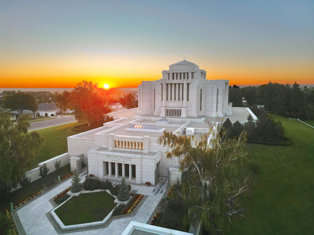 The Cardston Alberta Canada Temple with the sunset.