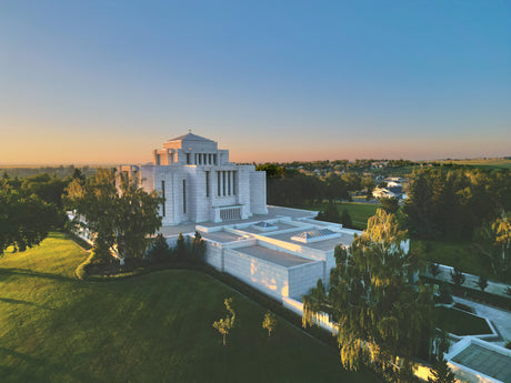 The Cardston Alberta Canada Temple in the light of the sunset.