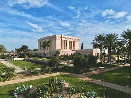 The Mesa Arizona Temple with palm trees.