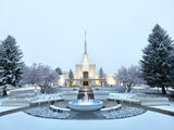 The Denver Colorado Temple with a snowy landscape.