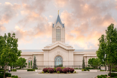 The Fort Collins Colorado Temple from the front with trees.