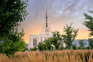 The Saratoga Springs Utah Temple with an evening sunset.