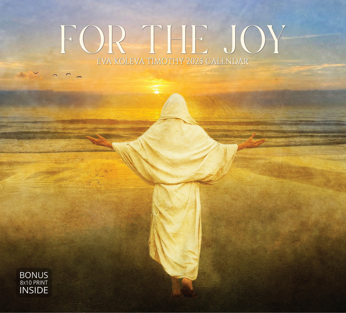 Cover of ‘For The Joy’ 2025 calendar showing a figure in white robe facing the ocean during sunrise.