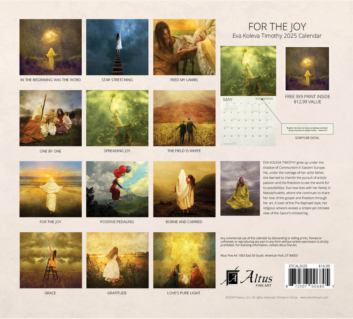 Back cover of ‘For The Joy’ 2025 calendar, showing various paintings representing joy and faith.