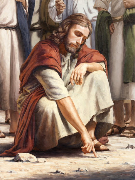 Jesus Christ bent down writing on the ground with his finger. 