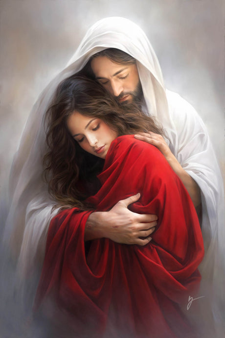 Jesus embracing a woman in red clothing.