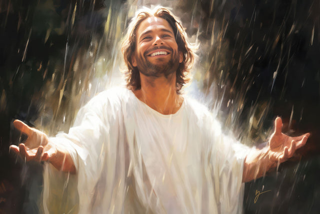 Jesus Christ smiling in the rain.