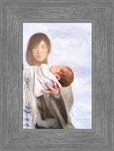 Mary humbling holding out baby Jesus.