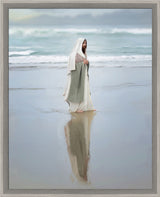 Jesus walking across a beach shore on a peaceful day.