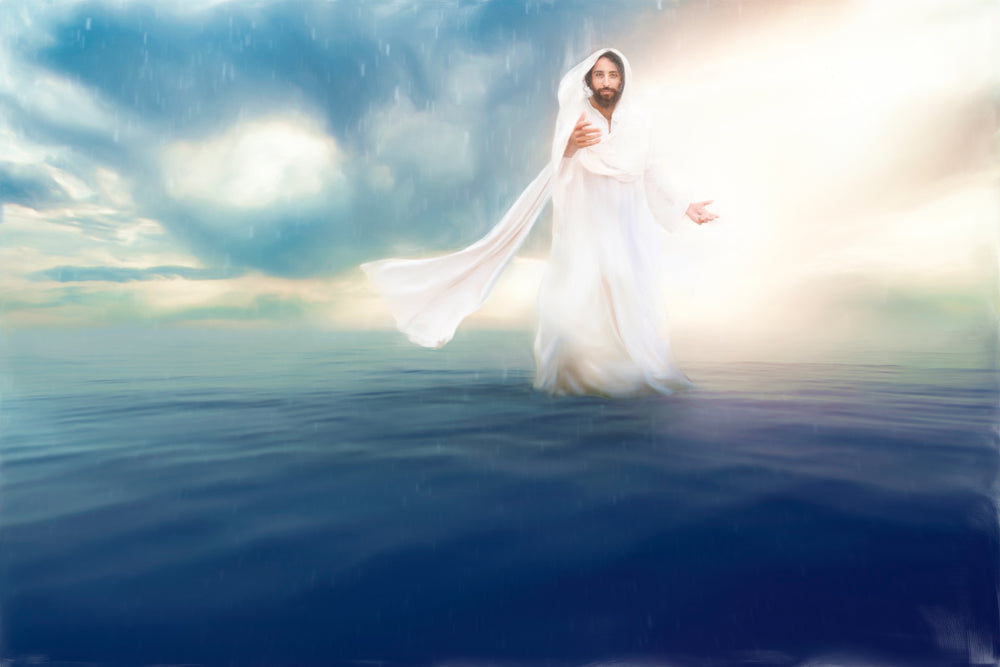 Jesus Christ walking on water, reaching a hand towards you.