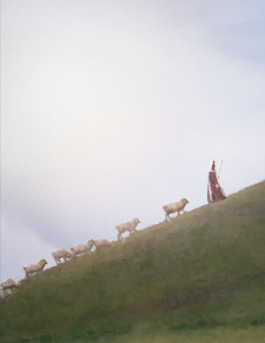 Jesus Christ leading a flock of sheep up a hill.
