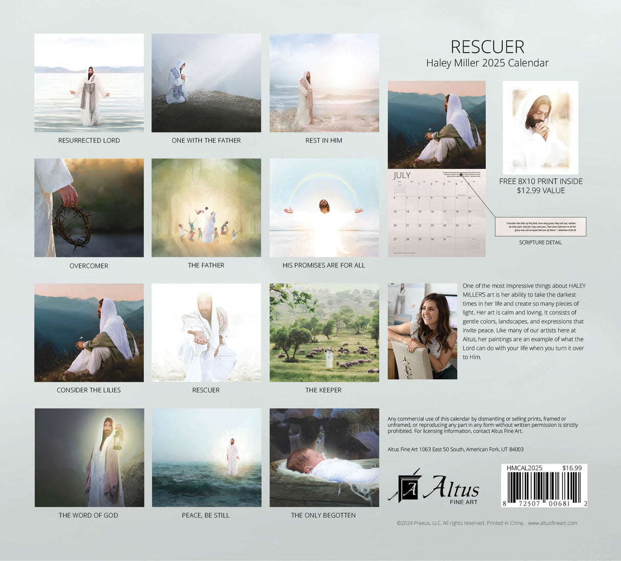 Back cover of ‘Rescuer’ Haley Miller 2025 calendar, showcasing 12 spiritual art pieces depicting Jesus and various peaceful scenes.