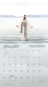 January page of ‘Rescuer’ calendar, depicting Jesus standing on water, arms open, with serene mountains in the background.