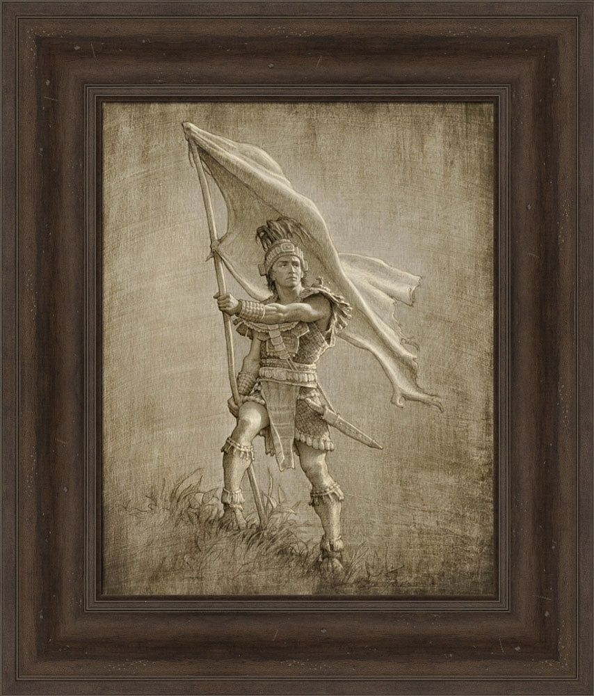 Sketch of a young solder from anicent times holding a large flag.  Art 21