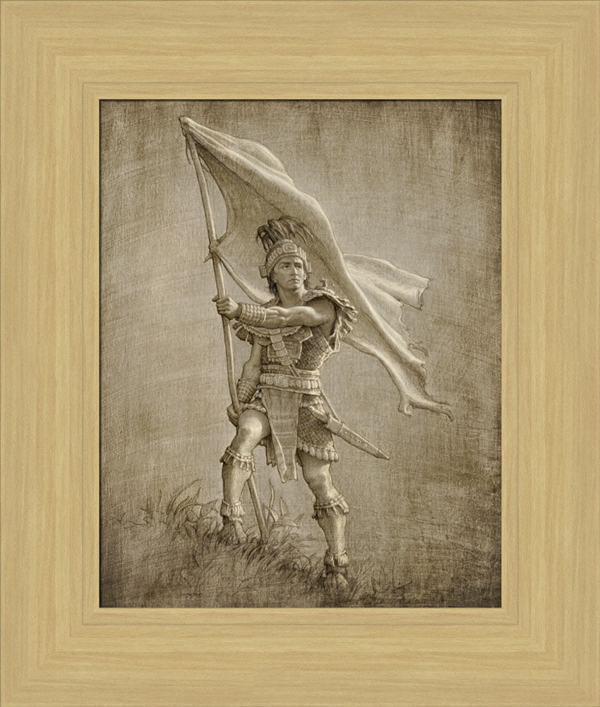 Sketch of a young solder from anicent times holding a large flag.  Art 20