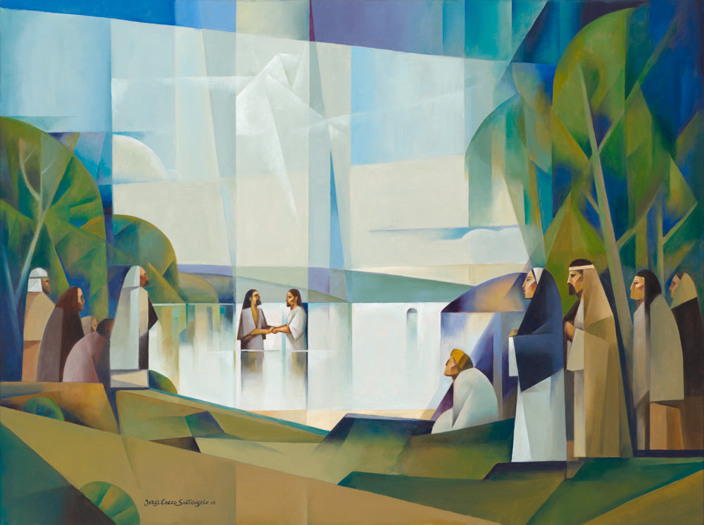 John the Baptist baptizing Jesus in the Jordan river.