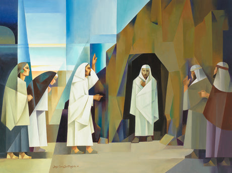 Jesus stands at tomb commanding Lazarus to live as Mary and Martha watch.